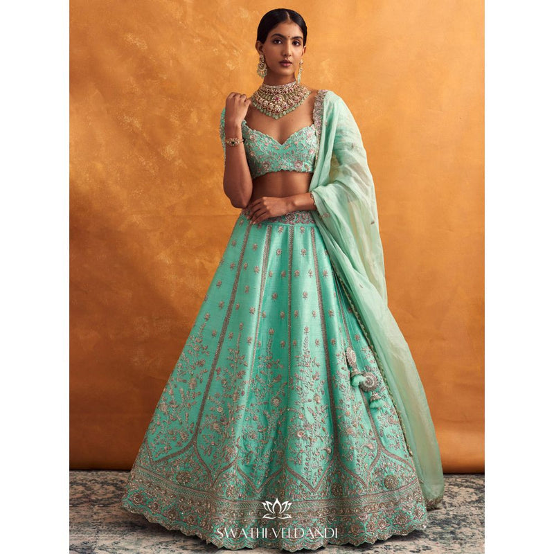 SWATHI VELDANDI Pista Lehenga with Blouse and Dupatta (Set of 3)