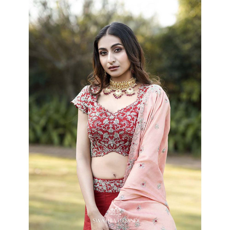SWATHI VELDANDI Maroon Lehenga with Blouse and Dupatta (Set of 3)