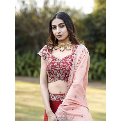 SWATHI VELDANDI Maroon Lehenga with Blouse and Dupatta (Set of 3)