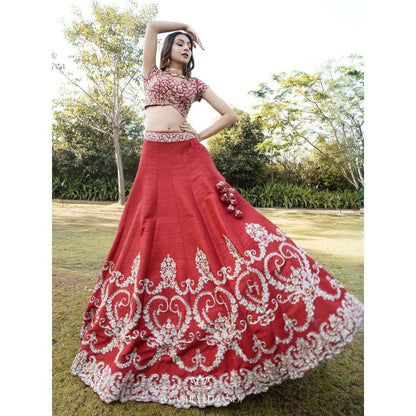 SWATHI VELDANDI Maroon Lehenga with Blouse and Dupatta (Set of 3)