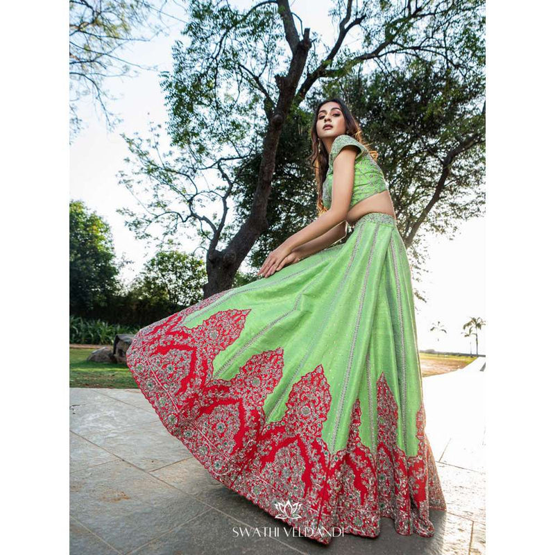 SWATHI VELDANDI Green Red Patchwork Lehenga with Blouse and Dupatta (Set of 3)
