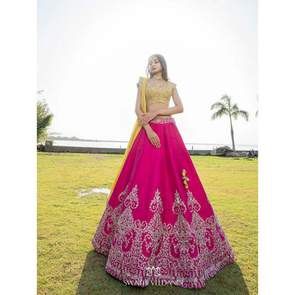 SWATHI VELDANDI Pink Yellow Lehenga with Blouse and Dupatta (Set of 3)