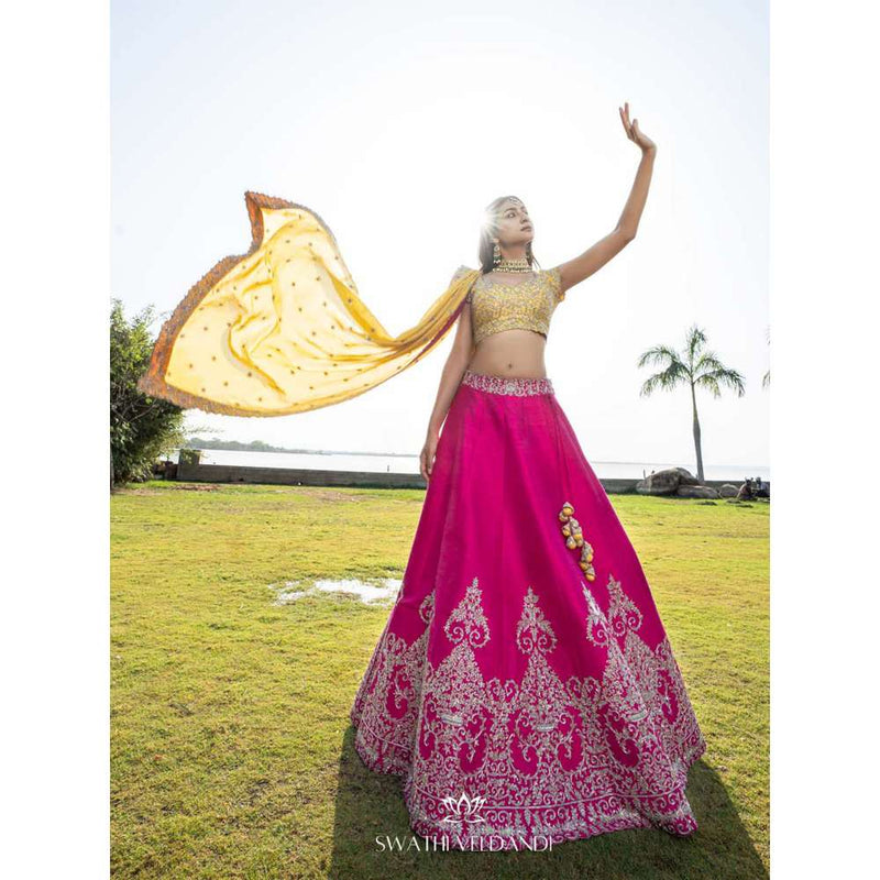 SWATHI VELDANDI Pink Yellow Lehenga with Blouse and Dupatta (Set of 3)