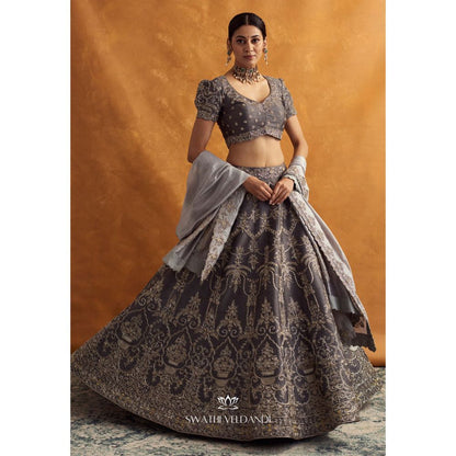 SWATHI VELDANDI Grey Lehenga with Blouse and Dupatta (Set of 3)