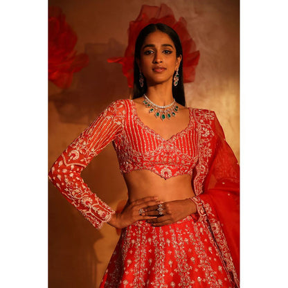 SWATHI VELDANDI Vermillion Orange Lehenga with Blouse and Dupatta (Set of 3)