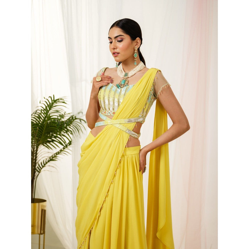 Tamaraa by Tahani Yellow Sylva Belt Attached Drape Saree with Stitched Blouse
