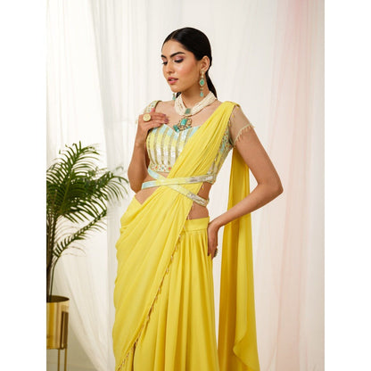 Tamaraa by Tahani Yellow Sylva Belt Attached Drape Saree with Stitched Blouse