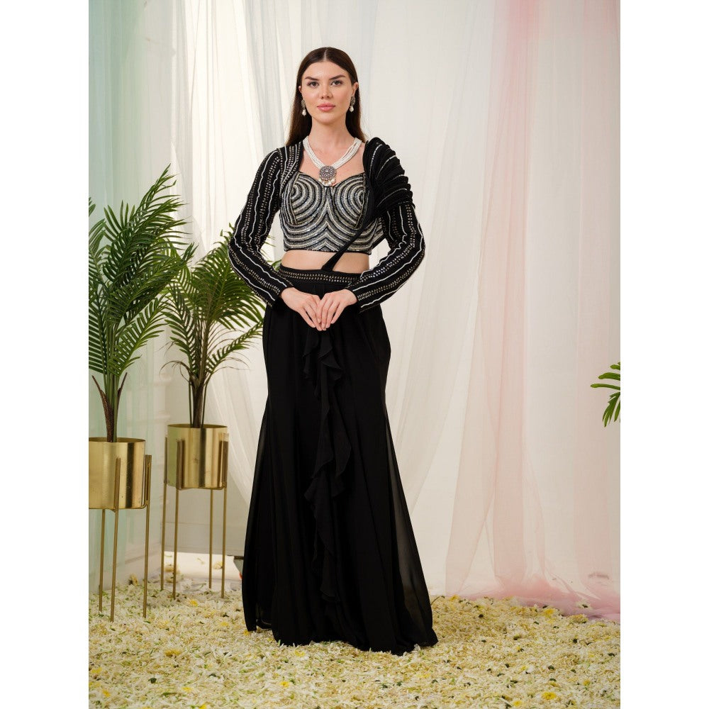 Tamaraa by Tahani Black Illusion Drape Skirt with Crop Top (Set of 2)