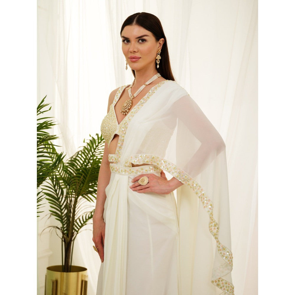 Tamaraa by Tahani White Luminous Drape Saree and Belt with Stitched Blouse