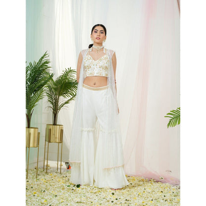 Tamaraa by Tahani Off White Enigma Jacket with Blouse and Shaara (Set of 3)