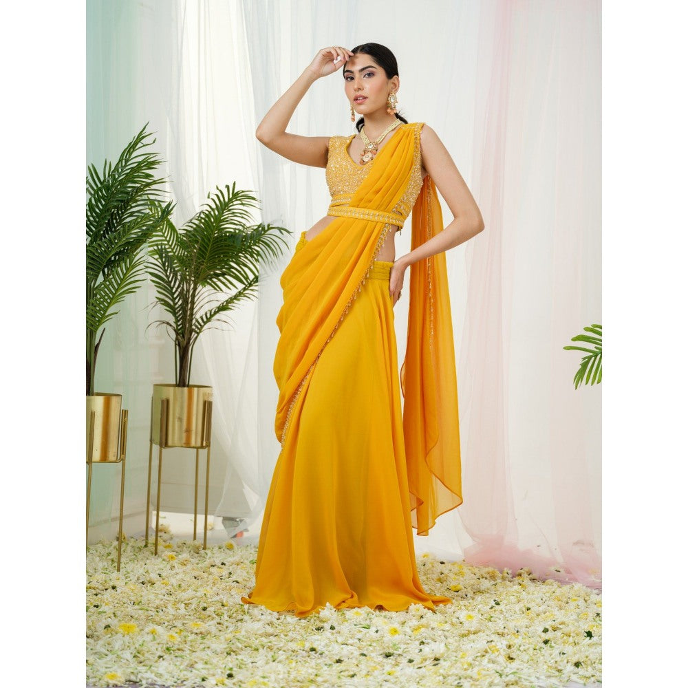 Tamaraa by Tahani Mustard Yellow Stardust Belt Attached Drape Saree with Stitched Blouse