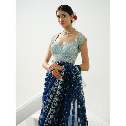 Tamaraa by Tahani Blue Organza Floral Handcrafted Saree with Stitched Blouse
