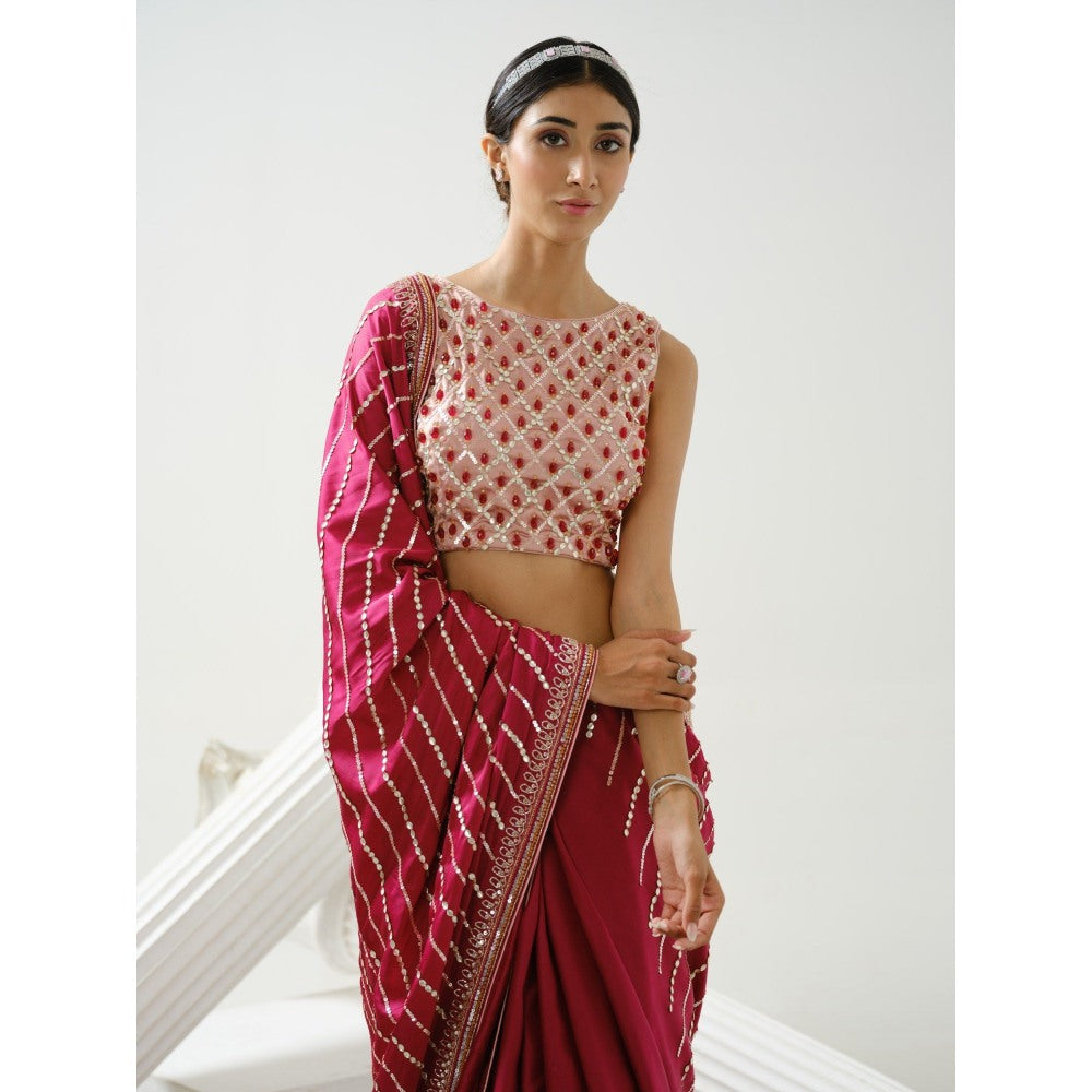 Tamaraa by Tahani Harmony Cherry Pink Handcrafted Saree with Stitched Blouse