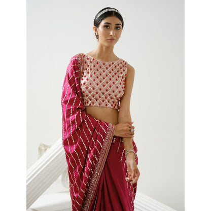 Tamaraa by Tahani Harmony Cherry Pink Handcrafted Saree with Stitched Blouse