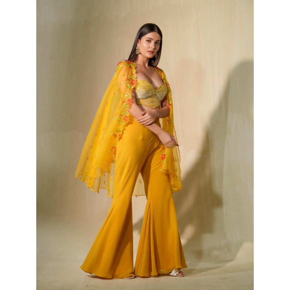 Tamaraa by Tahani Mustard Yellow Nargis Cape with Blouse and Shaara (Set of 3)