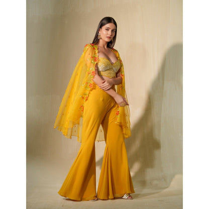 Tamaraa by Tahani Mustard Yellow Nargis Cape with Blouse and Shaara (Set of 3)