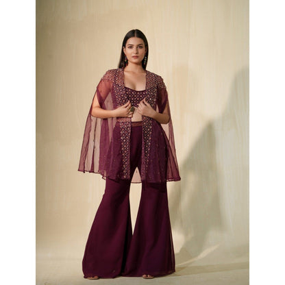 Tamaraa by Tahani Burgundy Laila Cape with Blouse and Shaara (Set of 3)