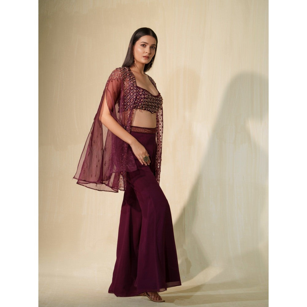 Tamaraa by Tahani Burgundy Laila Cape with Blouse and Shaara (Set of 3)