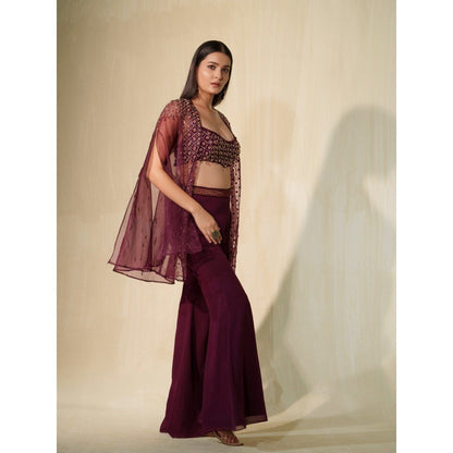 Tamaraa by Tahani Burgundy Laila Cape with Blouse and Shaara (Set of 3)