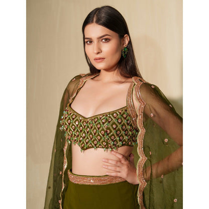 Tamaraa by Tahani Olive Maaya Cape with Blouse and Shaara (Set of 3)