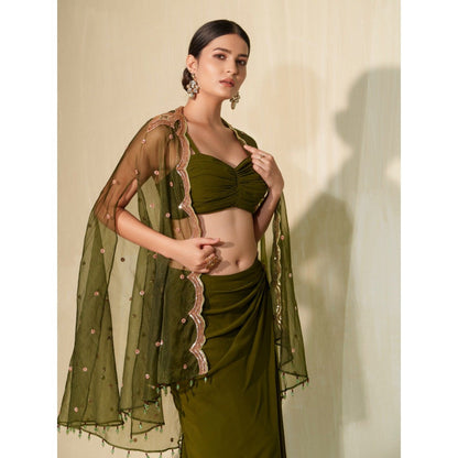 Tamaraa by Tahani Olive Kaamini Skirt with Top and Cape (Set of 3)