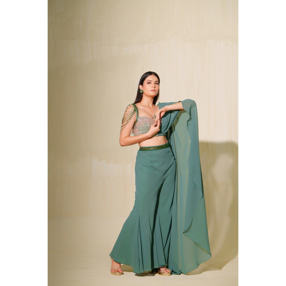 Tamaraa by Tahani Green Mallika Attached Draped Top with Pant (Set of 2)
