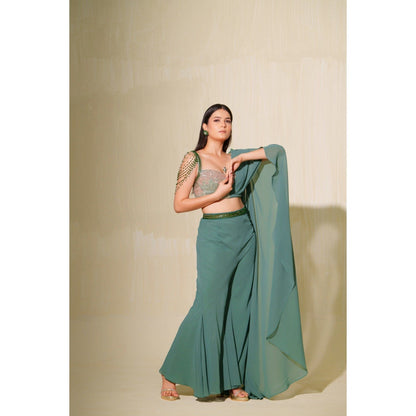 Tamaraa by Tahani Green Mallika Attached Draped Top with Pant (Set of 2)