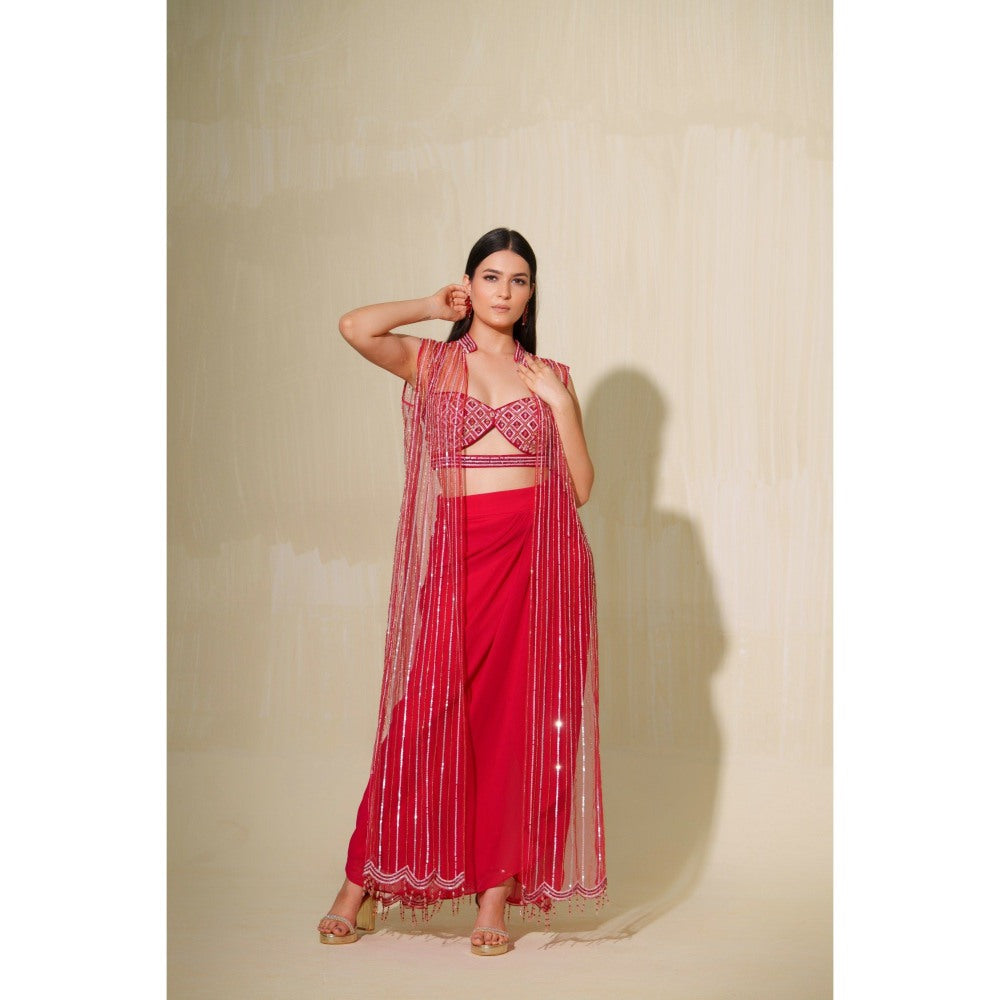 Tamaraa by Tahani Pink Gulmohar Jacket with Blouse and Skirt (Set of 3)