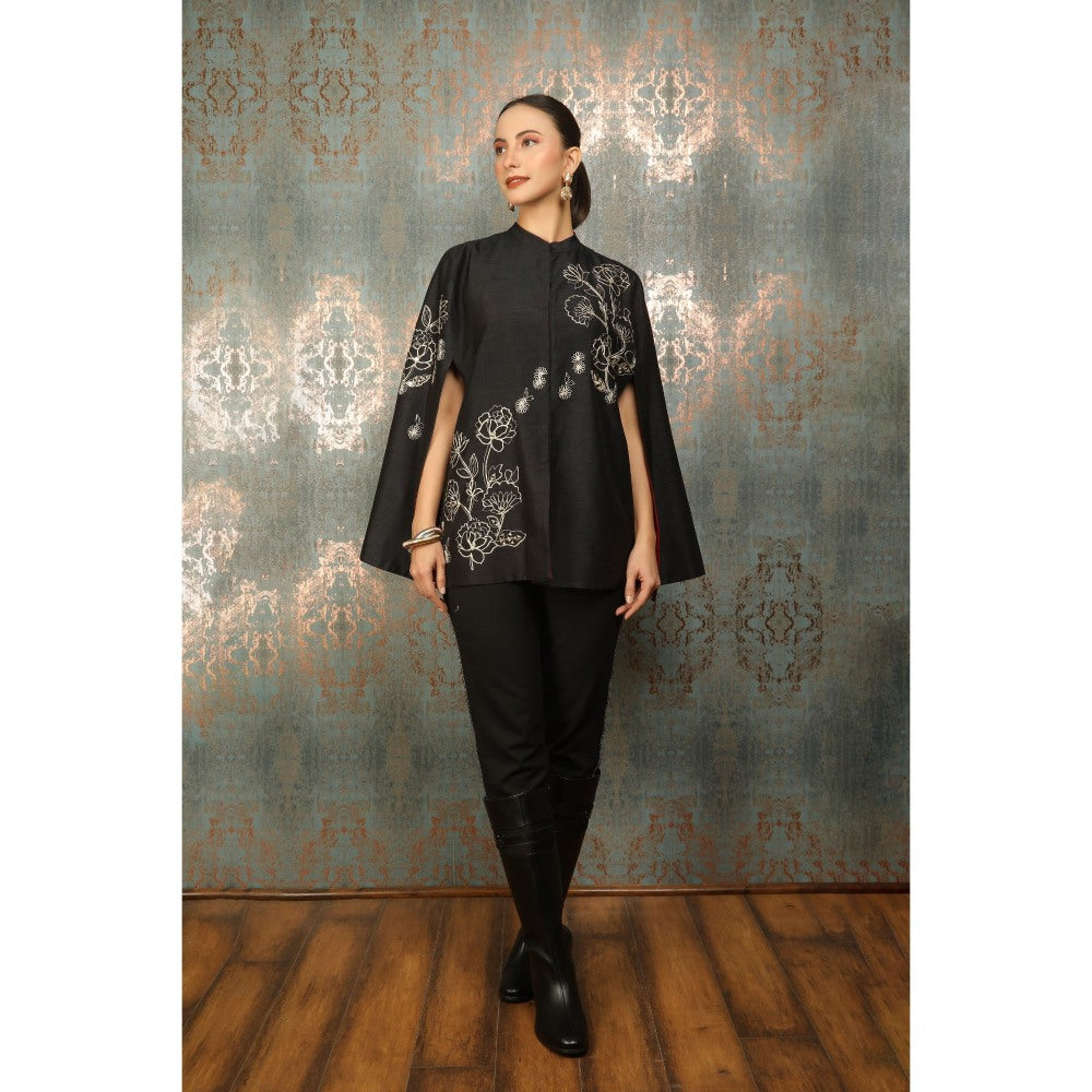 Tanu Malhotra Black Silk Floral Embroidered Cape