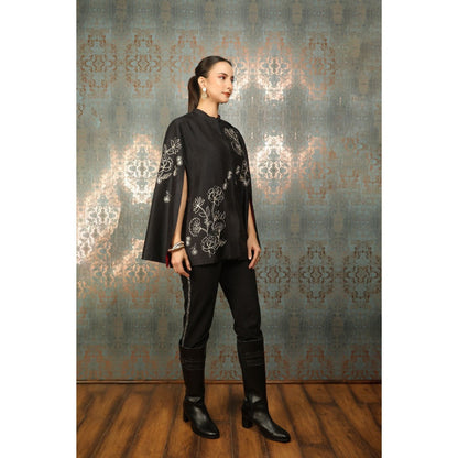 Tanu Malhotra Black Silk Floral Embroidered Cape