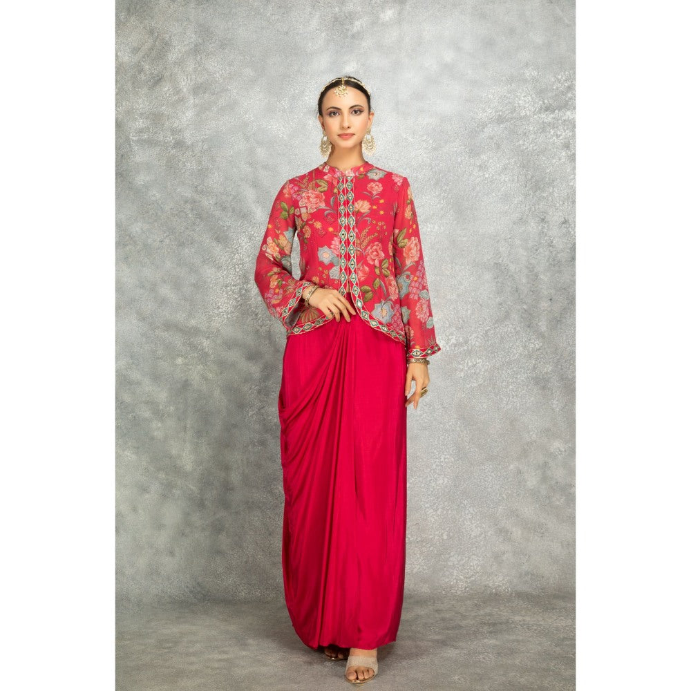 Tanu Malhotra Hot Pink Embroidered Printed Jacket with Drape Skirt (Set of 2)
