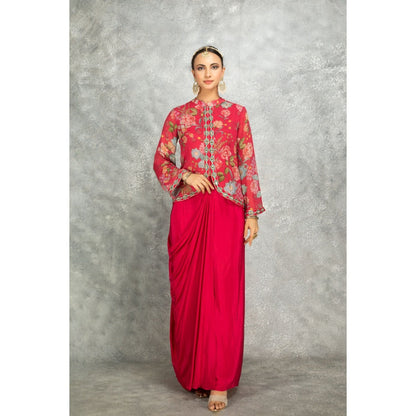 Tanu Malhotra Hot Pink Embroidered Printed Jacket with Drape Skirt (Set of 2)