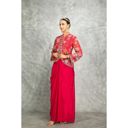 Tanu Malhotra Hot Pink Embroidered Printed Jacket with Drape Skirt (Set of 2)