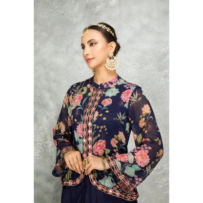 Tanu Malhotra Navy Blue Embroidered Printed Jacket with Drape Skirt (Set of 2)