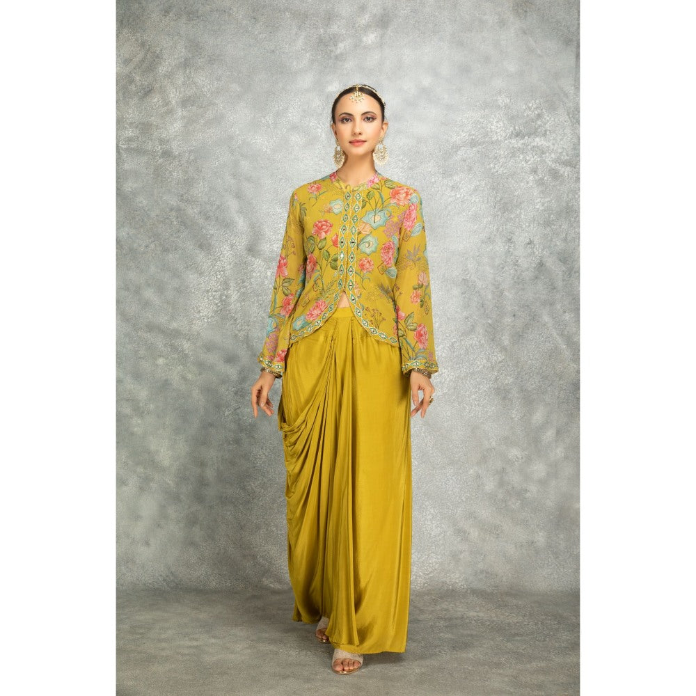Tanu Malhotra Yellow Embroidered Printed Jacket with Drape Skirt (Set of 2)