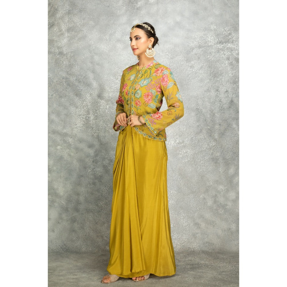 Tanu Malhotra Yellow Embroidered Printed Jacket with Drape Skirt (Set of 2)