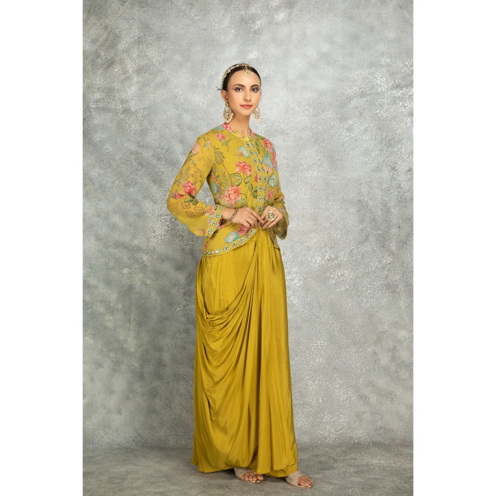 Tanu Malhotra Yellow Embroidered Printed Jacket with Drape Skirt (Set of 2)