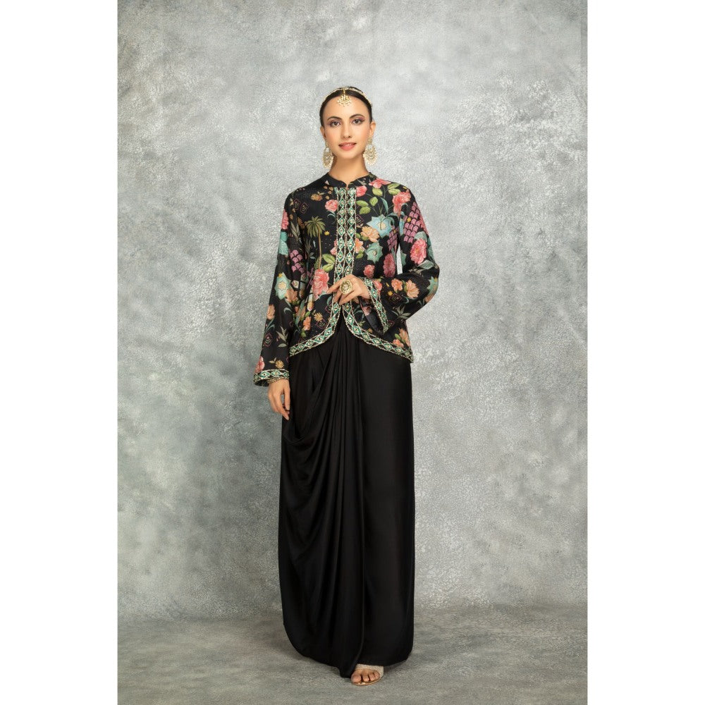 Tanu Malhotra Black Embroidered Printed Jacket with Drape Skirt (Set of 2)