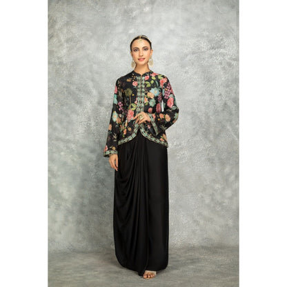 Tanu Malhotra Black Embroidered Printed Jacket with Drape Skirt (Set of 2)