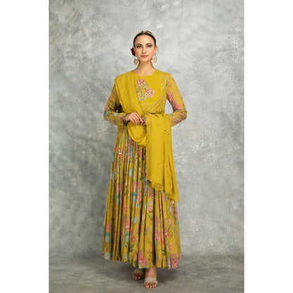 Tanu Malhotra Yellow Anarkali with Churidar and Dupatta (Set of 3)