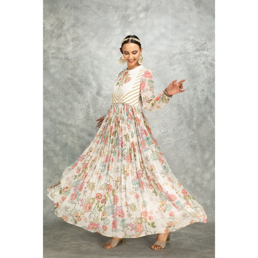 Tanu Malhotra White Anarkali with Churidar and Dupatta (Set of 3)