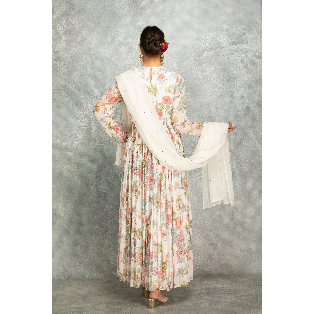 Tanu Malhotra White Anarkali with Churidar and Dupatta (Set of 3)