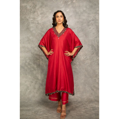 Tanu Malhotra Rose Red Embroidered Kaftan with Pant (Set of 2)