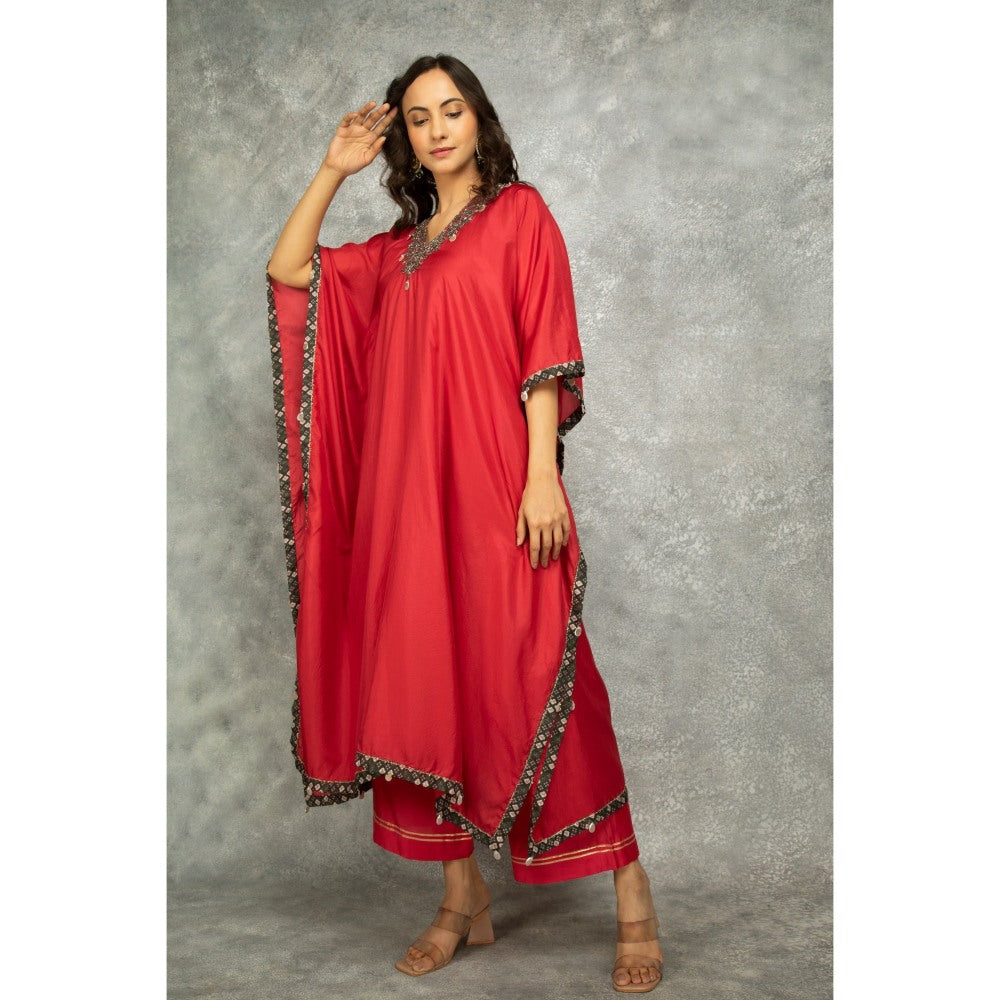 Tanu Malhotra Rose Red Embroidered Kaftan with Pant (Set of 2)