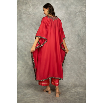 Tanu Malhotra Rose Red Embroidered Kaftan with Pant (Set of 2)