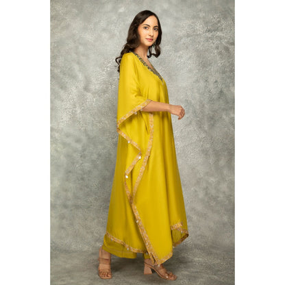 Tanu Malhotra Yellow Embroidered Kaftan with Pant (Set of 2)
