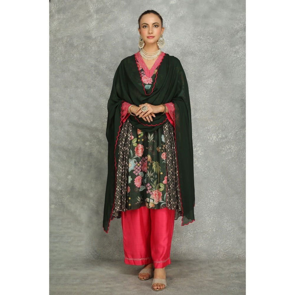 Tanu Malhotra Green Side Panel Buti Kurta with Palazzo and Dupatta (Set of 3)