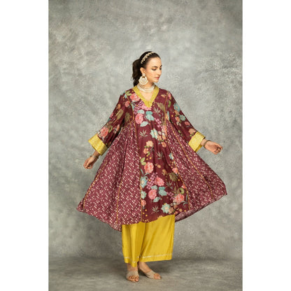 Tanu Malhotra Old Wine Side Panel Buti Kurta with Scalloping Dupatta (Set of 3)