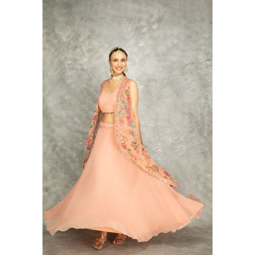 Tanu Malhotra Peach Embroidered Cape with Crop Top and Skirt (Set of 3)