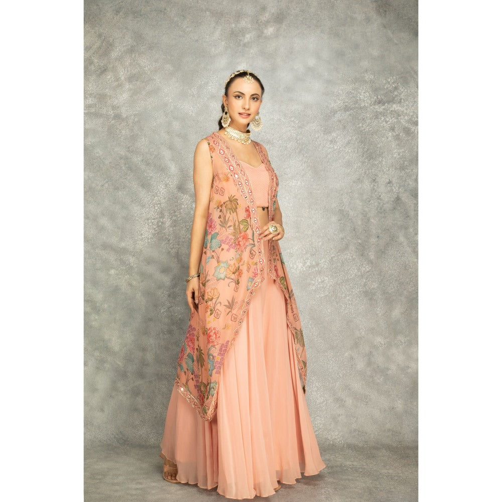 Tanu Malhotra Peach Embroidered Cape with Crop Top and Skirt (Set of 3)
